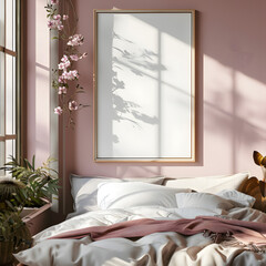 empty wooden frame mockup in pink bedroom
