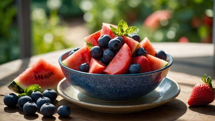 Fruit salad filled with cubed watermelon, strawberries and raspberries