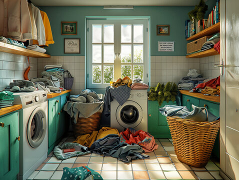 A laundry room with a mess of clothes everywhere