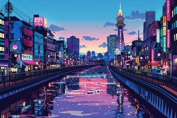 Fototapeta premium Illustration of Osaka City with with vibrant colors