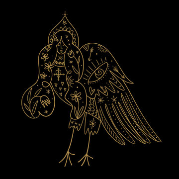 Whimsical alkonost syrin folk slavic mythology bird woman character. Fairytale vector illustration, hand-drawn magic boho esoteric fairy book illustration clipart art