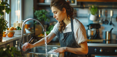 Young woman cleaning the kitchen sink with tap water in a modern home interior, doing house chores in the evening time