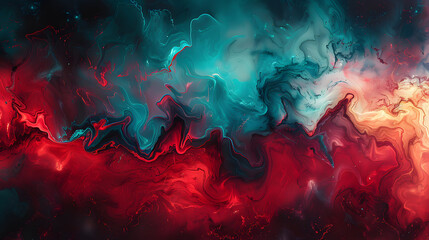 Fusion of ruby red and electric teal, resulting in a visually mesmerizing liquid background that evokes a sense of movement and vitality