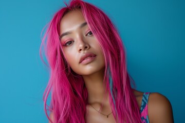 Naklejka premium Woman with vibrant pink hair and a contemplative expression, set against a blue background
