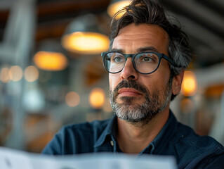 A man in his 40s is reading the newspaper while having coffee in a cafe. He is wearing glasses and has a beard.