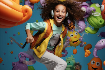 Fototapeta premium Cute little girl jumping and giving happy expression