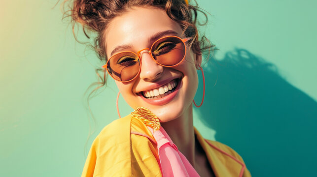 Femme souriante avec des lunettes de soleil et v&ecirc;tements d'&eacute;t&eacute; sur fond vert pastel