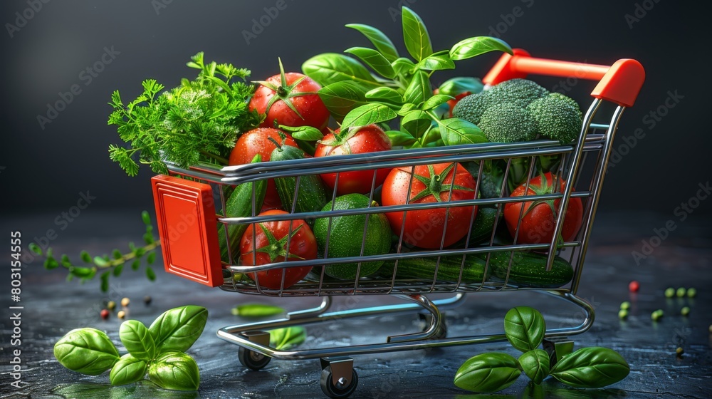 Wall mural A captivating concept art portraying a realistic 3D rendering of a supermarket shopping cart overflowing with an assortment of fresh