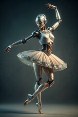 Naklejka premium Futuristic robot ballerina in ballet pose, stylish metal design with detailed joints and tutu, on a gradient backdrop.