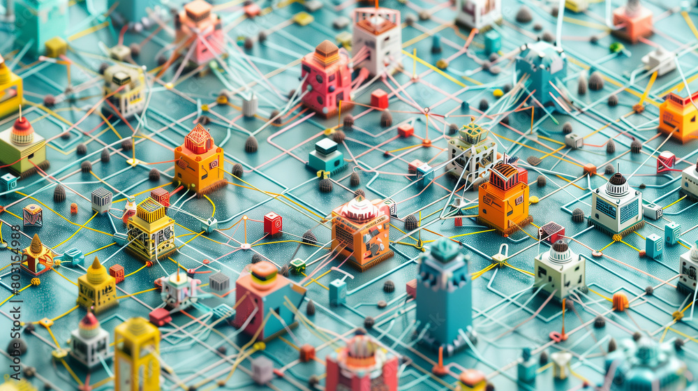 Poster the complex architecture of distributed systems, with nodes communicating and collaborating across v