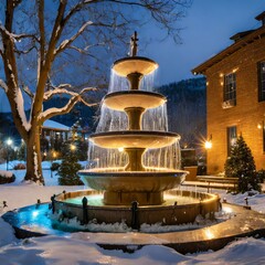 the elegant Crucello tiered water fountain illuminated against the backdrop of dark winter evenings, with its cascading water creating a mesmerizing display of light and shadow, evoking a sense of war