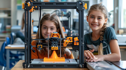 a little girls using 3D printer in classroom at school
