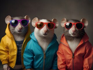 Three stylish rats mouse dressed in colorful jackets with sunglasses on their eyes.,generative AI