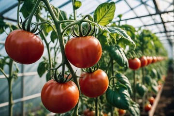 Close-up of beautiful tomatoes growing in a greenhouse in summer with copy space. Organic Farm and Vegetable concept.
