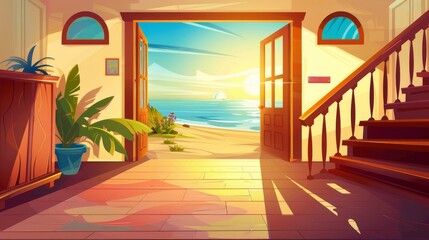 Modern cartoon illustration of house or hotel hall interior with wooden stairs, furniture, and ocean at sunset.