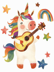A watercolor illustration of a unicorn playing the guitar with a rainbow and stars in the background.