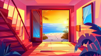 Home hallway with open door and view to sea beach at sunset. Cartoon illustration of wooden stairs, furniture, and ocean outside a house or hotel stairwell.