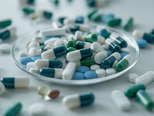 top view of pills and pills blue, green, white in a round plastic plate on a white smooth surface