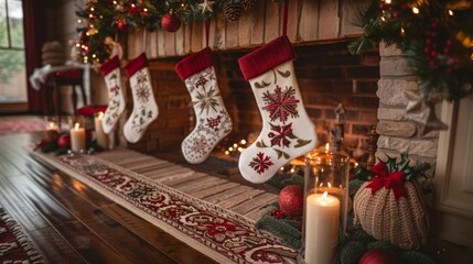 Set the scene for holiday gatherings with a beautifully decorated mantle, featuring stockings hung with care and flickering candlelight.