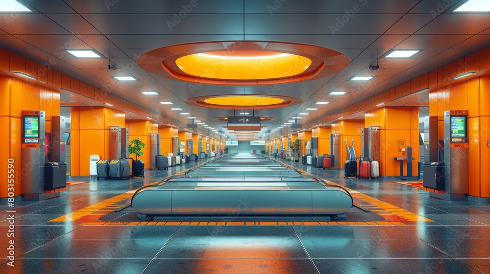 Wall mural Design a vibrant vector image of a luggage carousel and baggage scan area in an airport terminal hall, capturing the