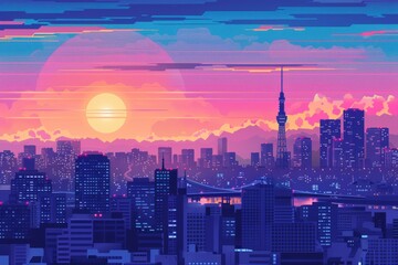  Illustration of Osaka City with with vibrant colors
