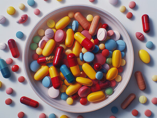 top view of pills and pills blue, green, white in a round plastic plate on a white smooth surface