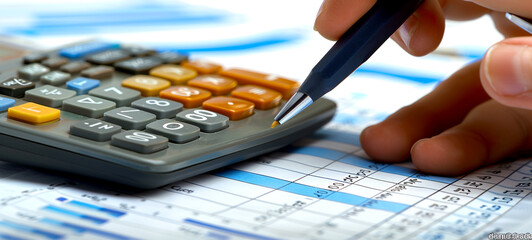 A person using a calculator to add up numbers on a financial report.