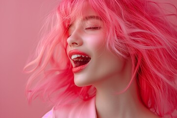 Fototapeta premium Joyful woman with vibrant pink hair laughing freely exuding happiness against soft pink background