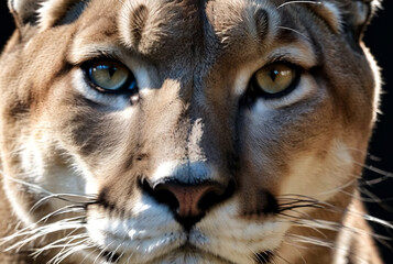 Up close and personal with cougar in natural habitat. Showcasing fierce and serious gaze as wild...