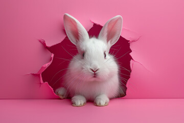 White bunny peaking from a hole in a pink monochromatic background. Generative AI