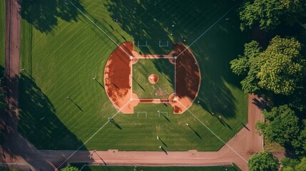 An aerial view of the baseball diamond, shot from above to show the strategic layout of the players