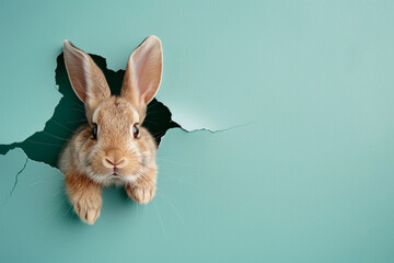 Cute easter bunny poster peeking out of a hole in the wall with copy space, rabbit jumps out of a torn hole. Generative AI