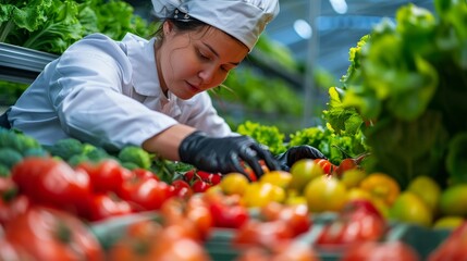 A chef wearing a toque and black gloves inspects tomatoes in a greenhouse
