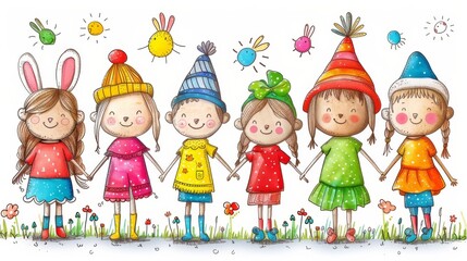 Illustrate a group of friends attending an Easter costume party, with guests dressed as Easter bunnies, chicks, and springtime fairies.