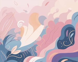 This 2D illustration captures a soft acoustic melody through abstract lines and curves flowing rhythmically in harmonious pastel colors; ideal for serene and aesthetic visual projects