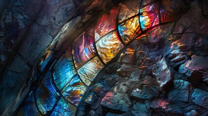 Vibrant stained glass artwork in spiraling design set within a textured stone wall