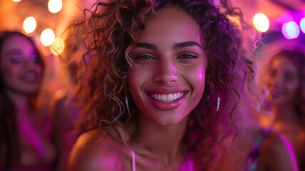 woman with gorgeous hair that has a lot of volume to it's lofty curls, shouts the lyrics to a song whilst dancing with her friends,generative ai