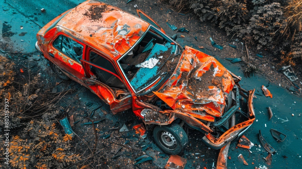 Poster Create an overhead perspective of a collision involving a car and a roadside ditch, with emergency responders providing aid to