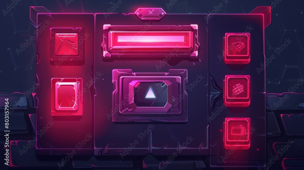 Poster menu interface with user interface elements, settings, and boards. you win and lose, best player, ra
