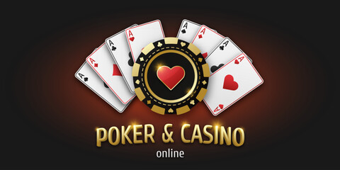 Concept poker and casino. Vector poster for championship. Gambling token with suit hearts. Realistic playing chip heart and playing ace cards of all suits. Banner for web app or site.