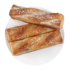 Several delicious crispy cookies lying on a white plate isolated on a white background.
