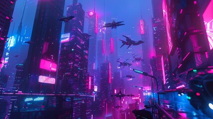 Vibrant cyberpunk cityscape illuminated by neon lights with hovering vehicles