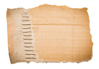 Isolated cut out torn piece of blank brown paper note corrugated cardboard with texture and copy...