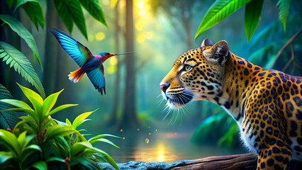 young jaguar and hummingbird