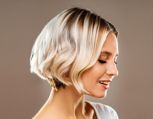 Beautiful blonde hair coloring woman on brown background girl beauty salon concept with bob cut coloring hair