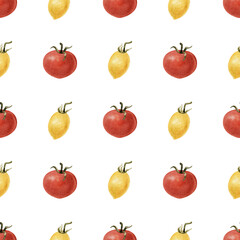 Watercolor vegetables seamless pattern. Fresh healthy food background. Yellow and red tomatoes. Agriculture, local farmers market, diet, organic cooking illustration, print for textile