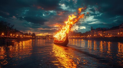 The Olympic flame is transported by boat along the river.
