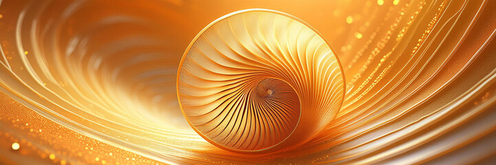 Nahaufnahme Gold gelb leuchtende Spiralen Kreise glitzernd in Form von Nautilus Schnecken Muschel, warmes Licht der goldenen Stunde fraktale Muster Vorlage Hintergründe edles Design