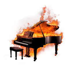 PNG Piano on Fire flame realistic, isolated on black background