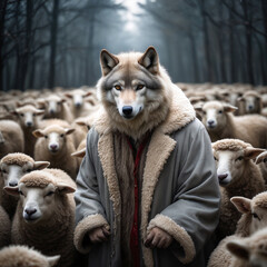 anthropomorphic wolf shepherd in sheepskin among flock of sheep, pretend to care, Film grain effect